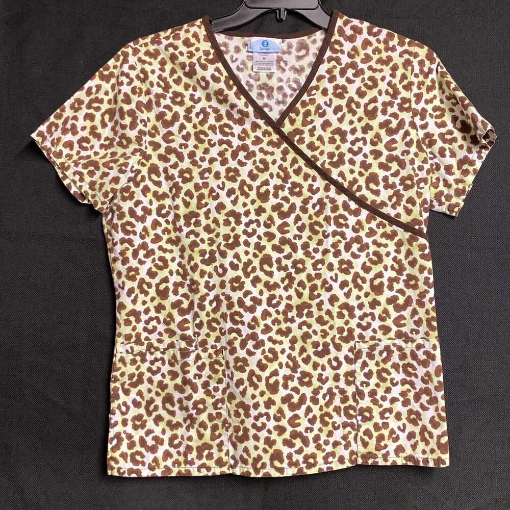 SB Scrubs Women’s Leopard Print V-Neck Scrub Top in Brown and Cream